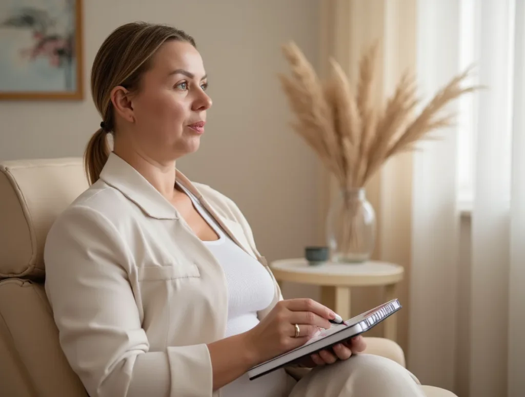 Izabela Migoń siedzi w beżowym fotelu z notatnikiem na kolanach, w spokojnym, ciepło oświetlonym wnętrzu
