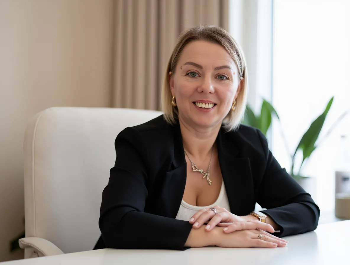 Izabela Migoń uśmiechnięta siedzi przy białym biurku w eleganckim, jasnym wnętrzu gabinetu