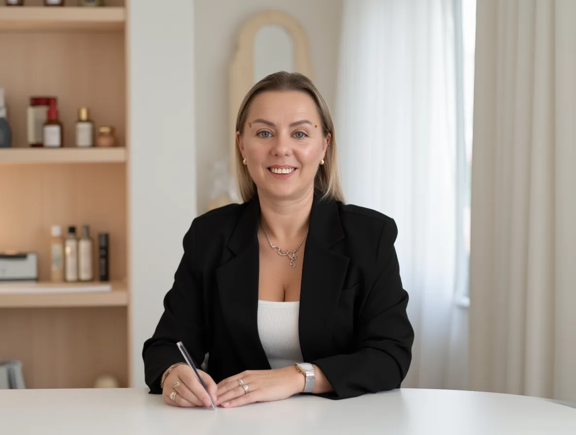 Izabela Migoń uśmiechnięta siedzi przy stole, w tle regał z kosmetykami do pielęgnacji w gabinecie beauty